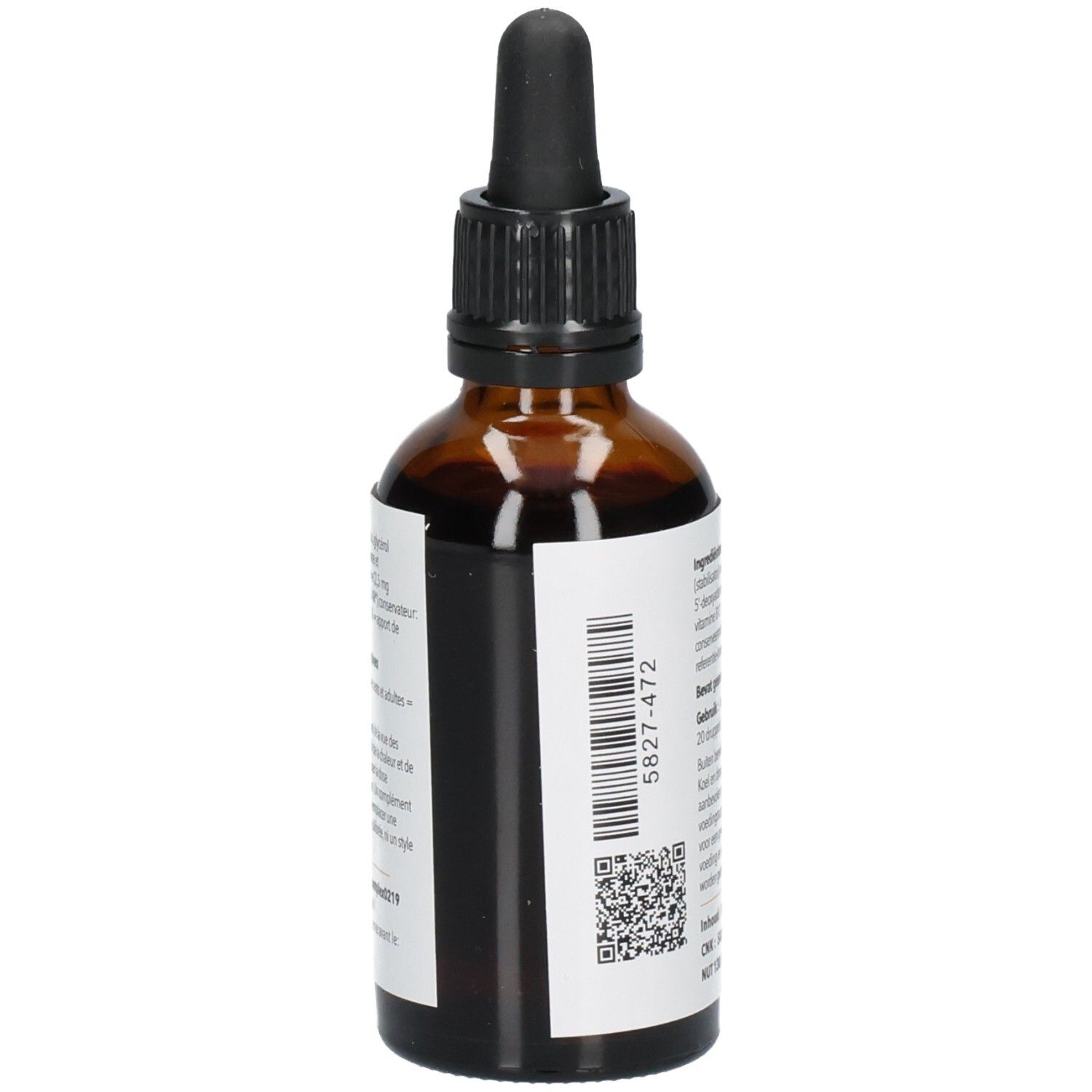 Zijaanzicht van de bruine glazen fles met etiket en QR-code. Toont productinformatie en een barcode.