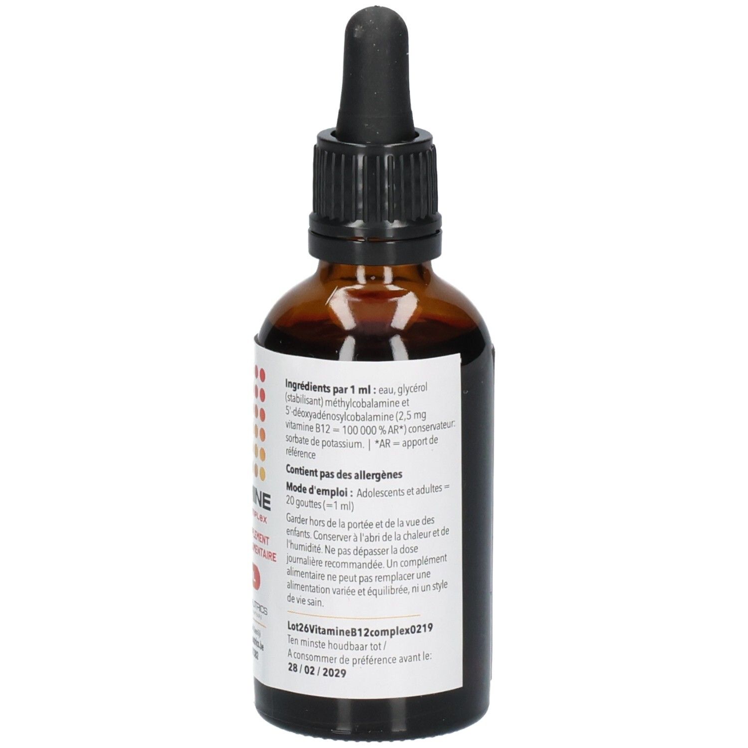 Achteraanzicht van de bruine glazen fles met etiket. Bevat informatie over ingrediënten, gebruik en waarschuwingen.