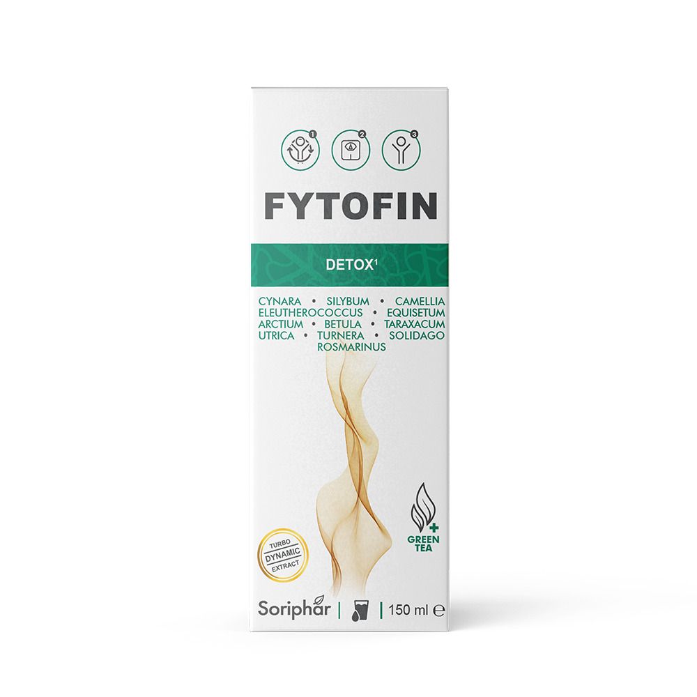 Emballage avec Fytofin Detox, ingrédients, logo et 150 ml.