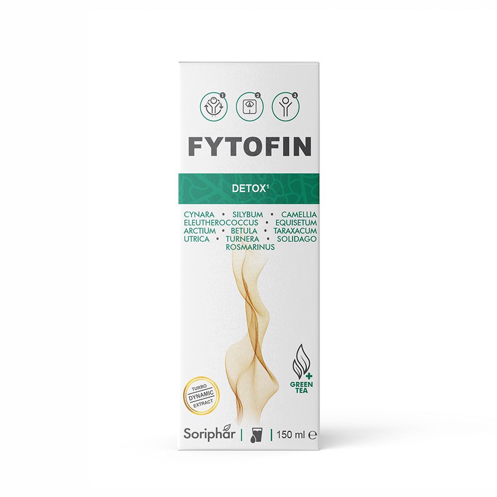 Verpakking met Fytofin Detox, ingrediënten, logo en 150 ml.