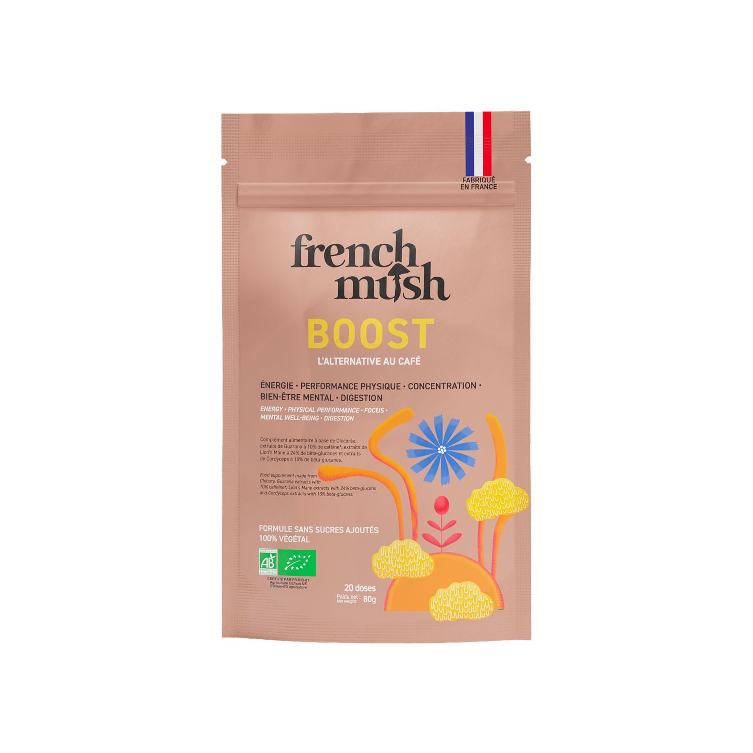 Pochette marron "French Mush Chicory Boost". "L'alternative au café" et "Fabriqué en France" visibles. Contient 20 doses.