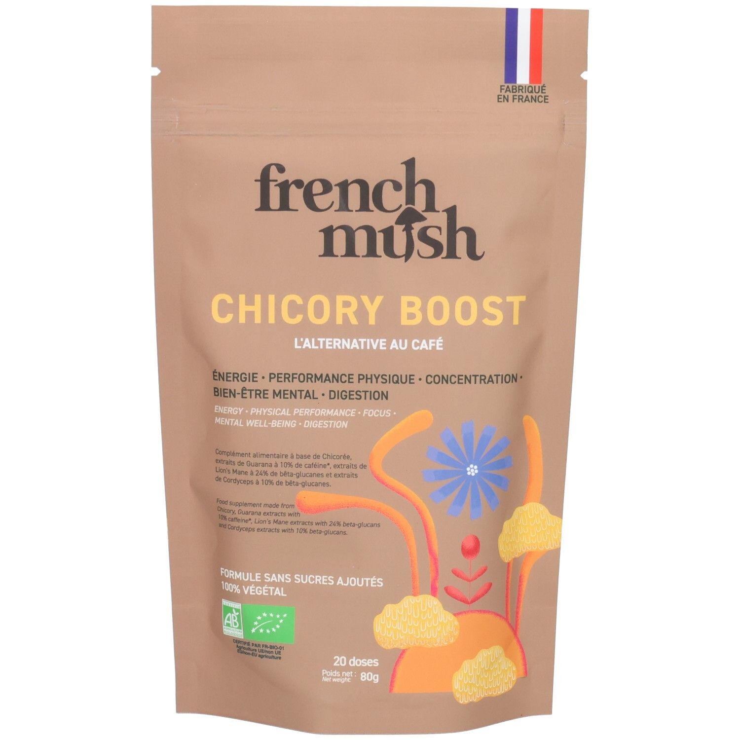 Bruine pouch "French Mush Chicory Boost". Bevat 20 doses van 60g. "Fabriqué en France" en Bio-keurmerk zichtbaar.