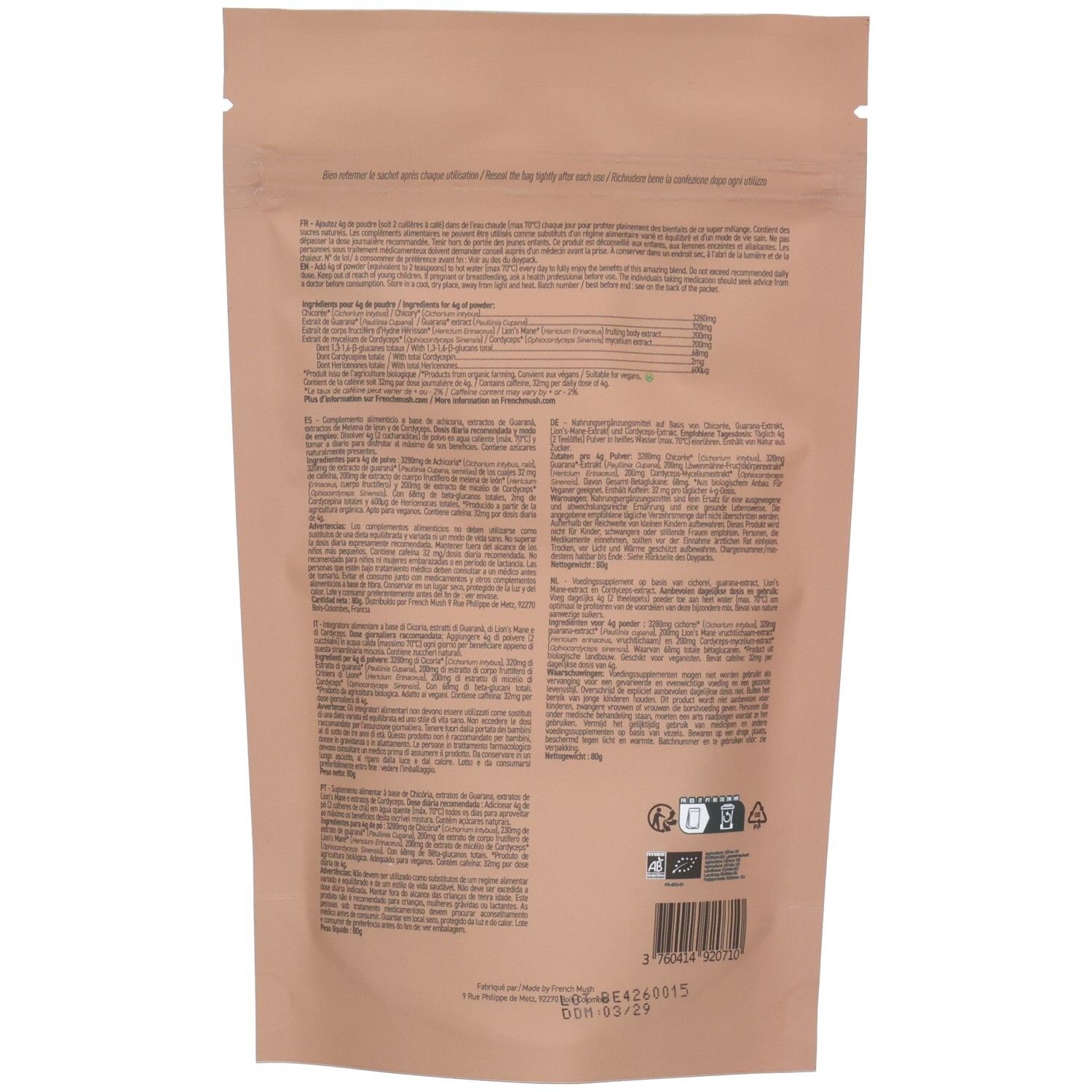 Achterkant van een bruine pouch "French Mush Chicory Boost". Bevat voedingswaarden en ingrediënten. "Fabriqué en France" en Bio-keurmerk zichtbaar.