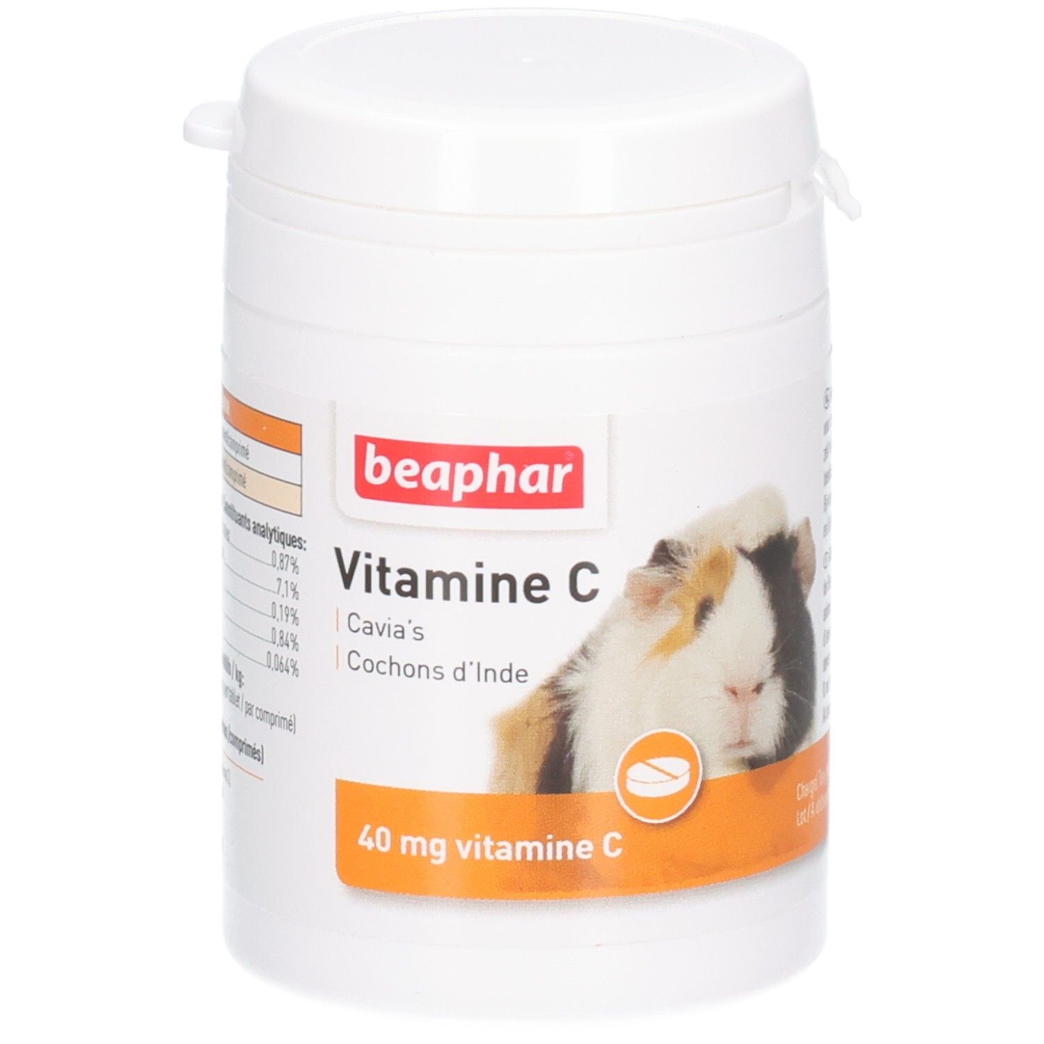 Witte pot met deksel. Opschrift: beaphar, Vitamine C, 40 mg. Afbeelding van een cavia.