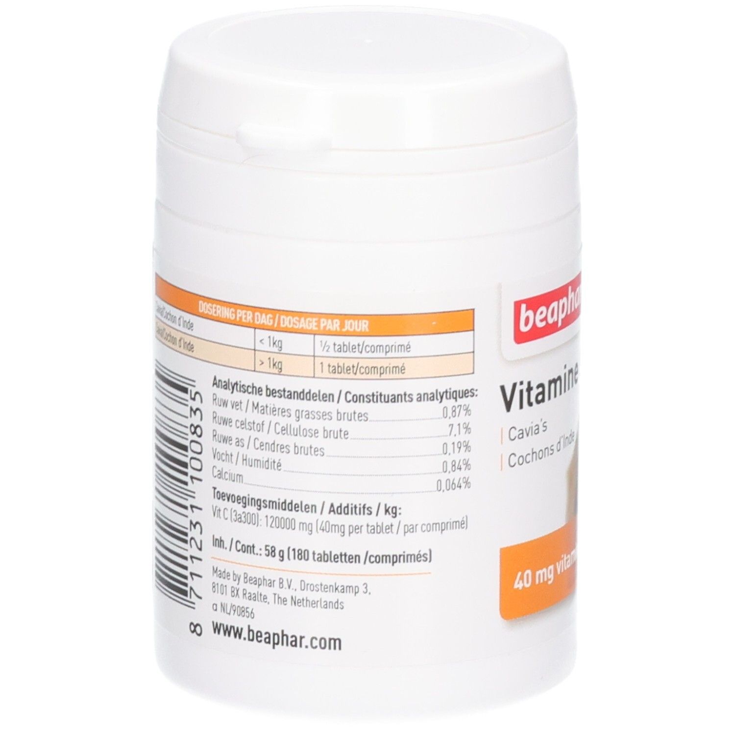 Achterkant van de witte pot. Opschrift: beaphar, Vitamine C, ingrediënten, dosering. Barcode en contactgegevens.
