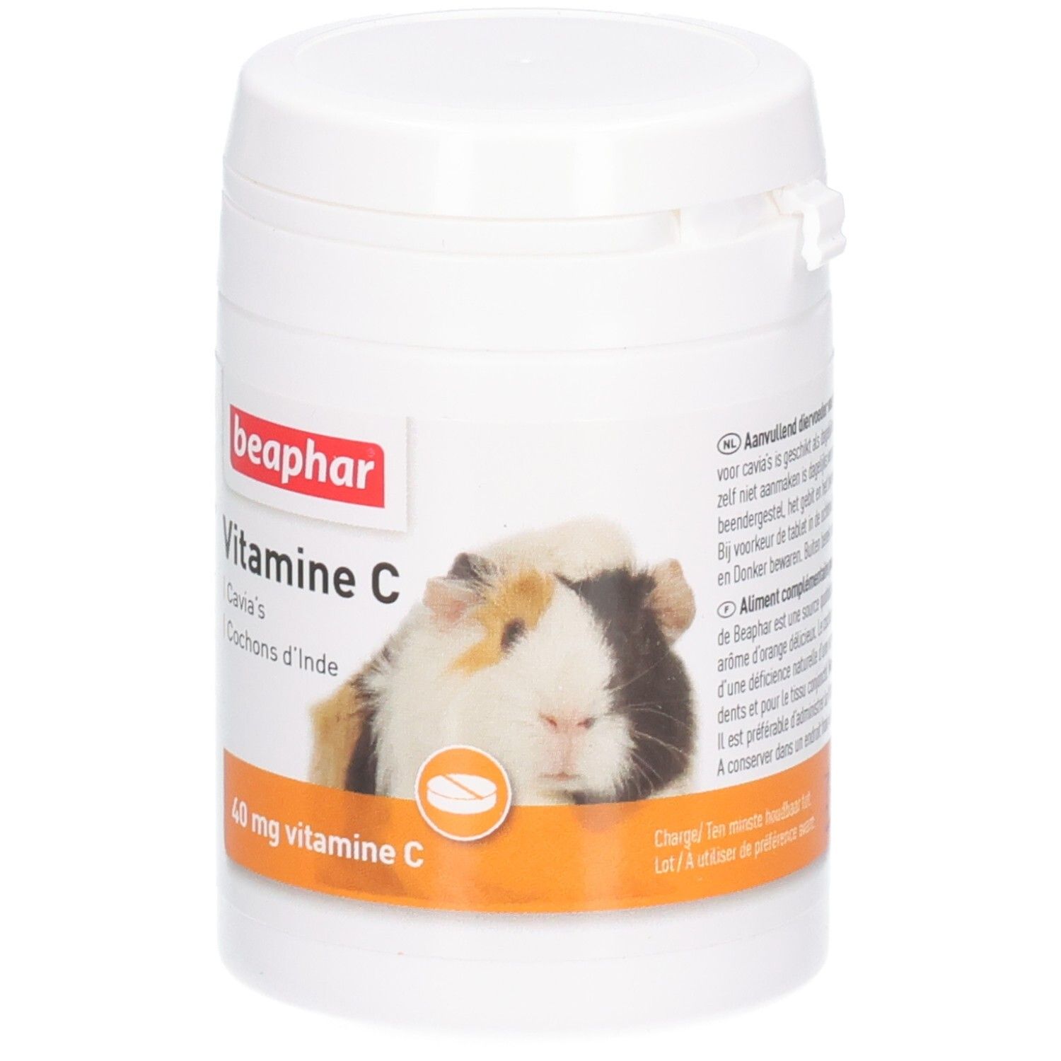 Witte pot met deksel. Opschrift: beaphar, Vitamine C, 40 mg. Afbeelding van een cavia.