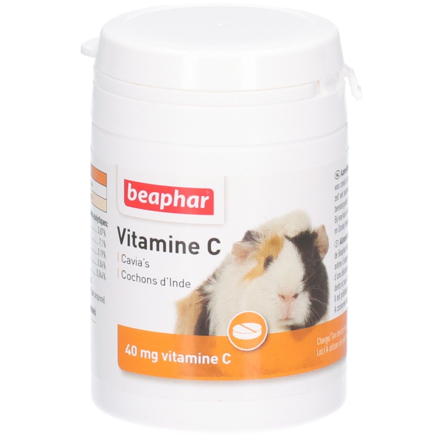 Witte pot met deksel. Opschrift: beaphar, Vitamine C, 40 mg. Afbeelding van een cavia.