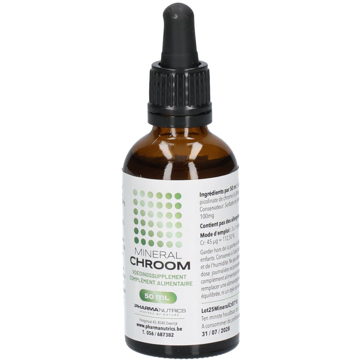 Flacon en verre brun avec bouchon noir et pipette. Étiquette avec nom du produit MINERAL CHROOM et marque PharmaNutrics. 50 ml. Date de péremption.