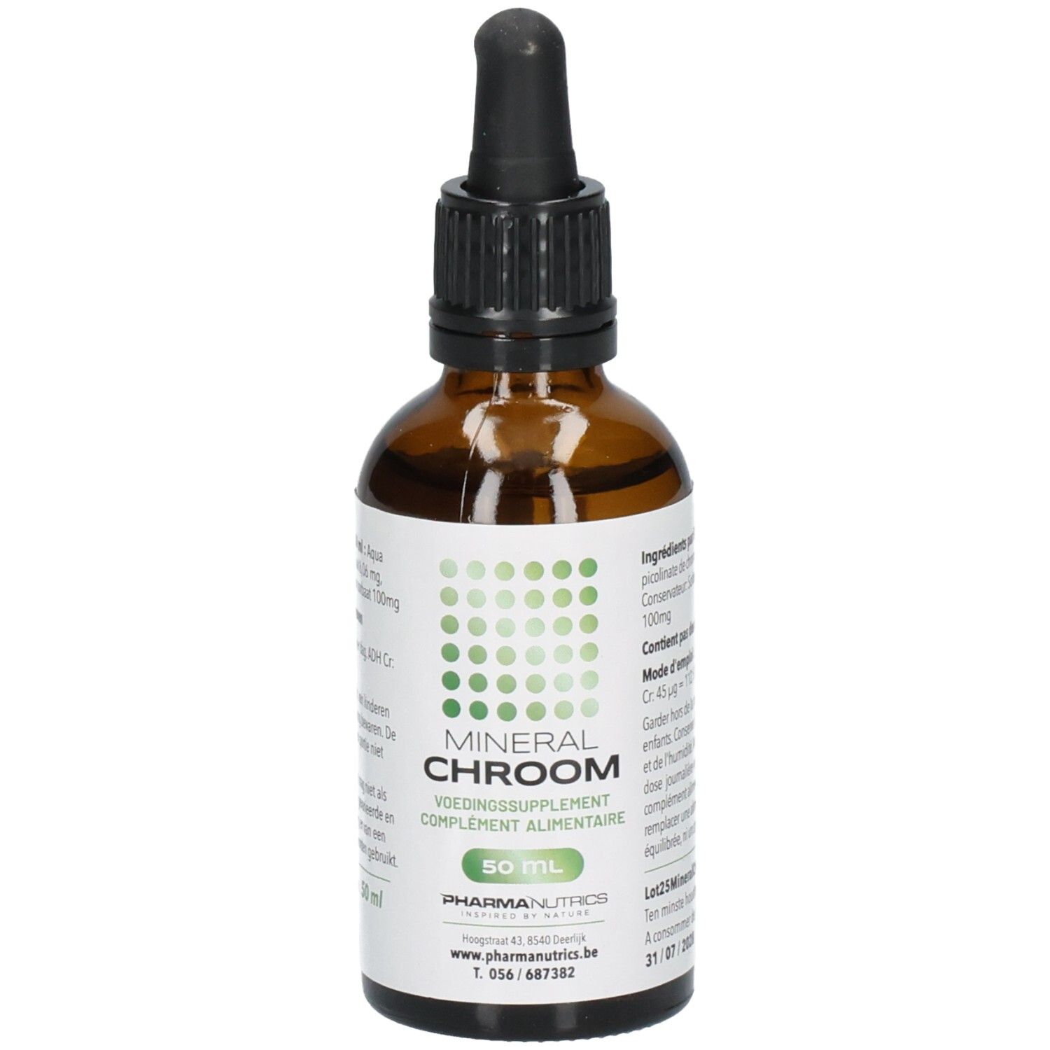 Flacon en verre brun avec bouchon noir et pipette. Étiquette avec nom du produit MINERAL CHROOM et marque PharmaNutrics. 50 ml. Date de péremption.