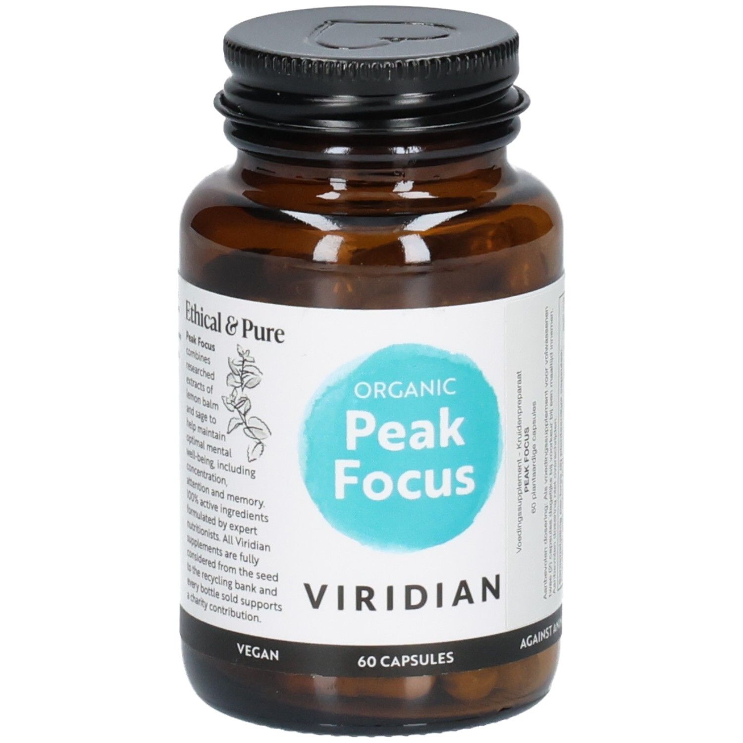 Bruine glazen fles met 60 Viridian Peak Focus capsules, vegan.