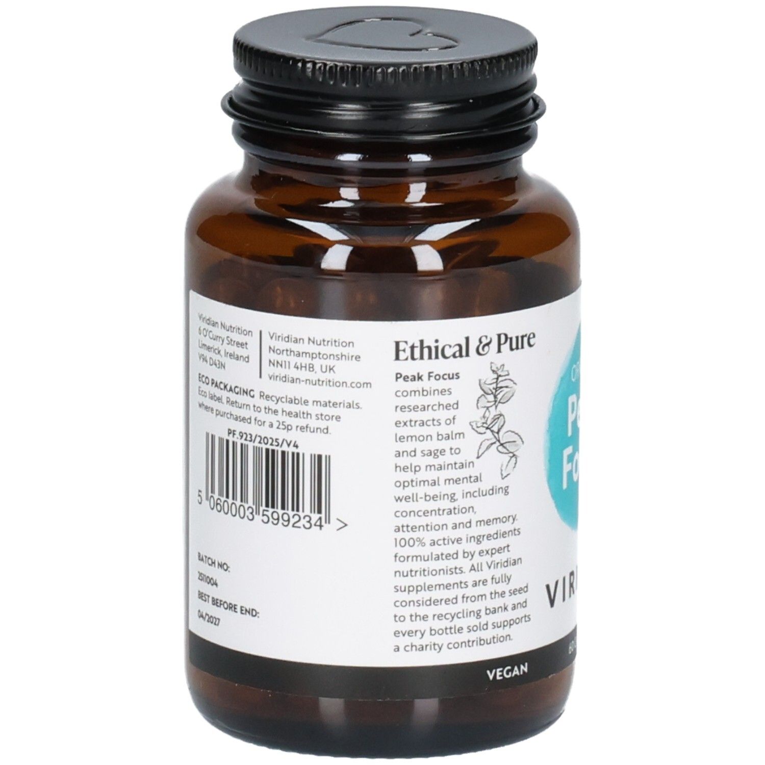 Achterkant van een Viridian Peak Focus fles met ingrediënten en batchnummer.