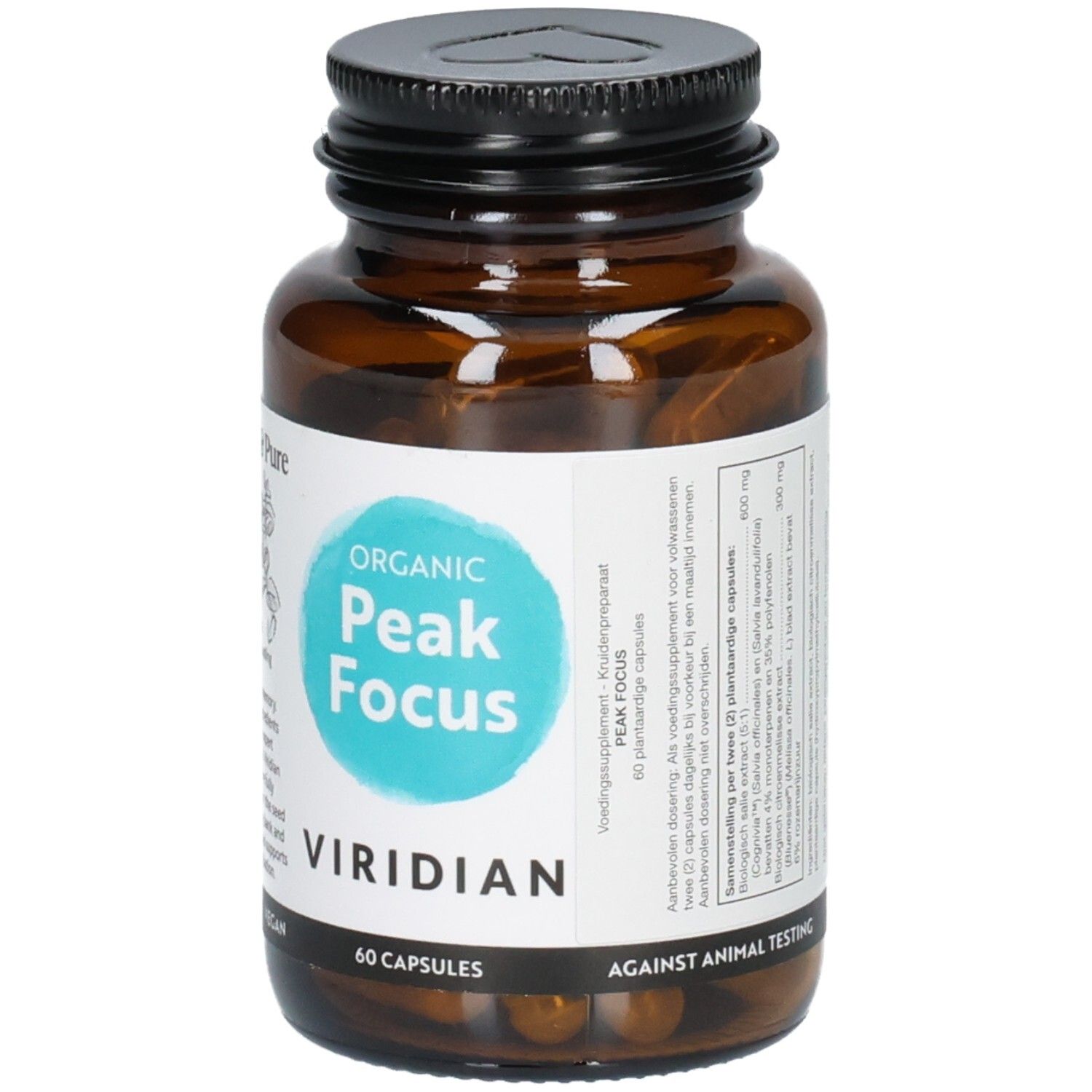 Viridian Peak Focus fles met doseringsinstructies in het Nederlands en Engels.