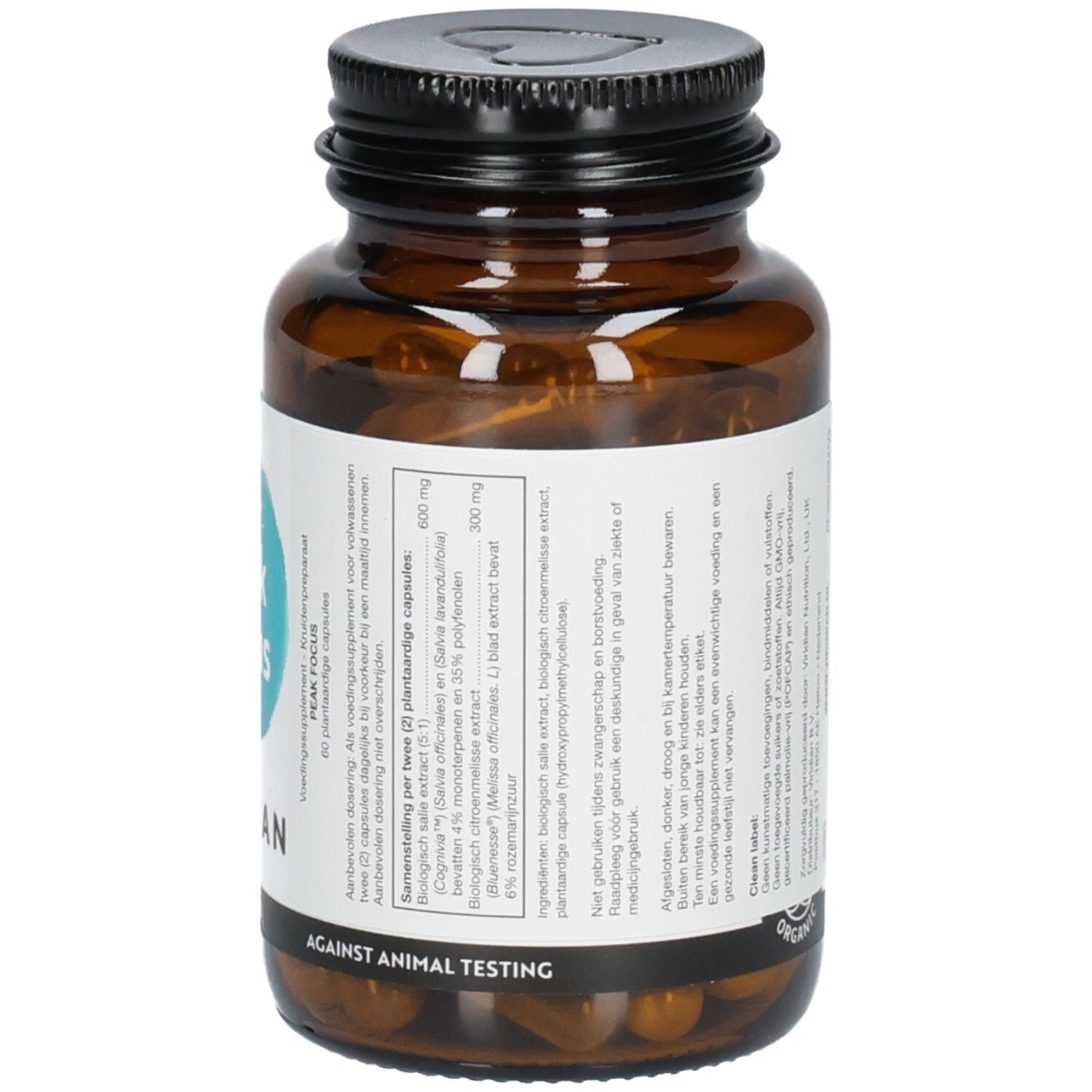 Achterkant van een Viridian Peak Focus fles met gedetailleerde ingrediënten en dosering.