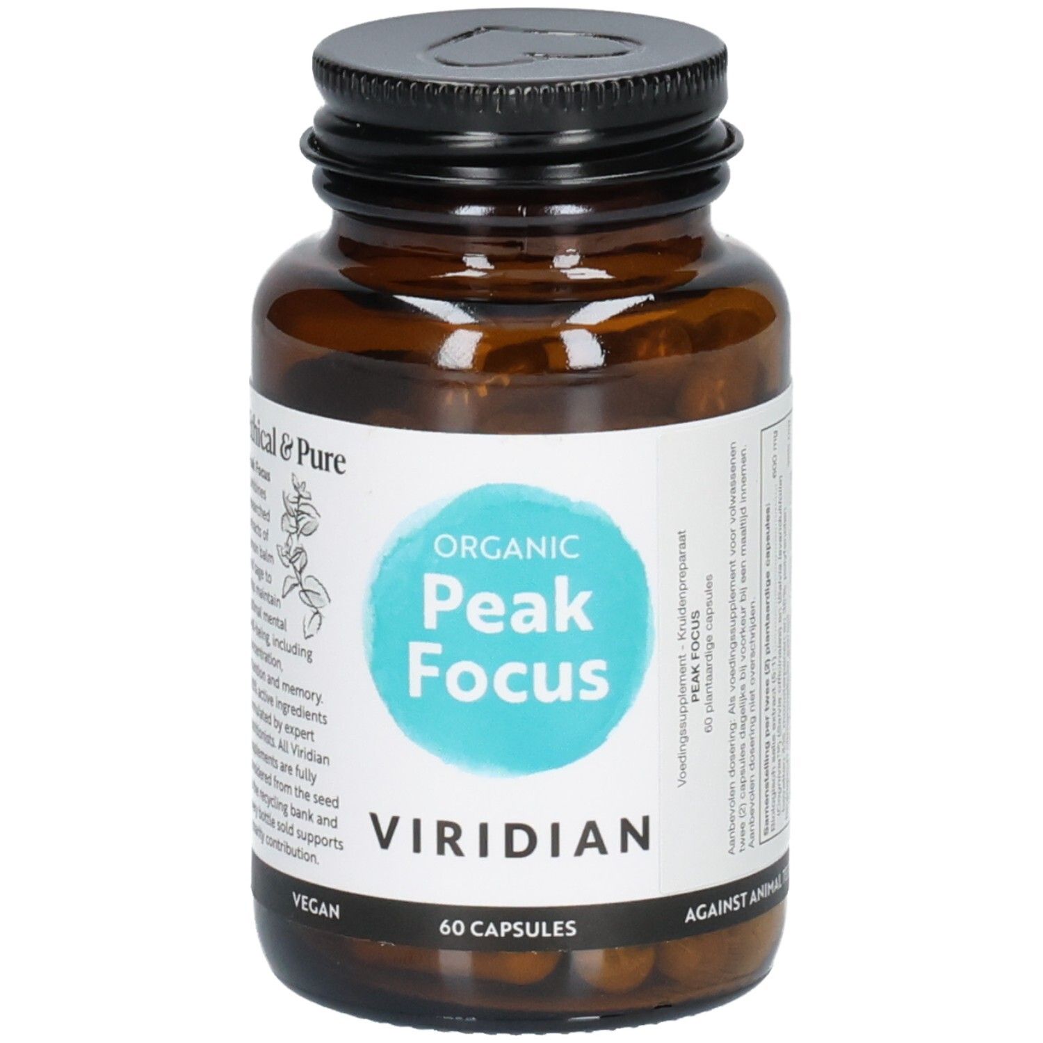 Viridian Peak Focus fles met 'Against Animal Testing' zegel.