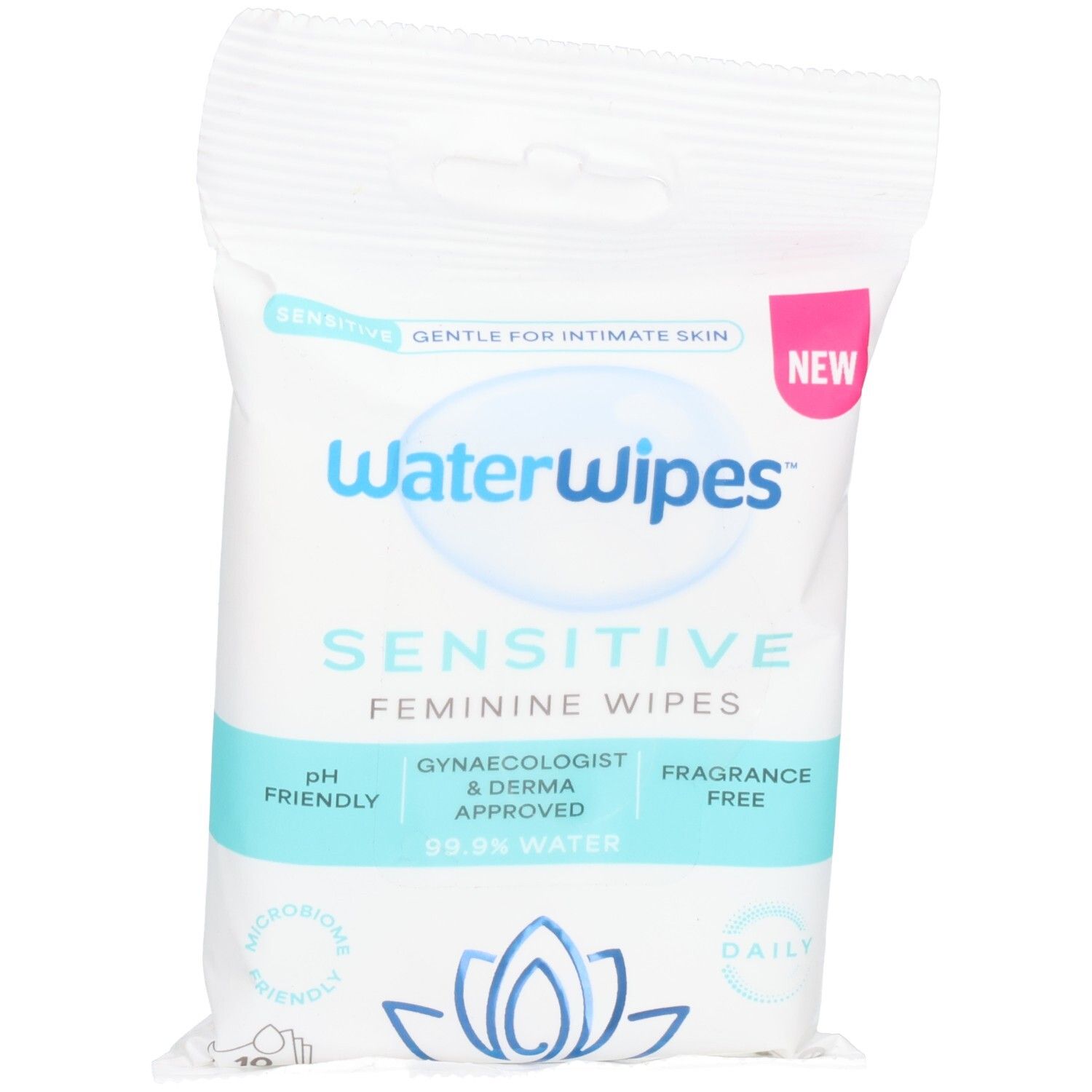 Witte verpakking met blauwe en roze tekst. Bevat "WaterWipes Sensitive Feminine Wipes". Tekst: "pH-vriendelijk", "Gynaecologisch & dermatologisch goedgekeurd", "Geurvrij".