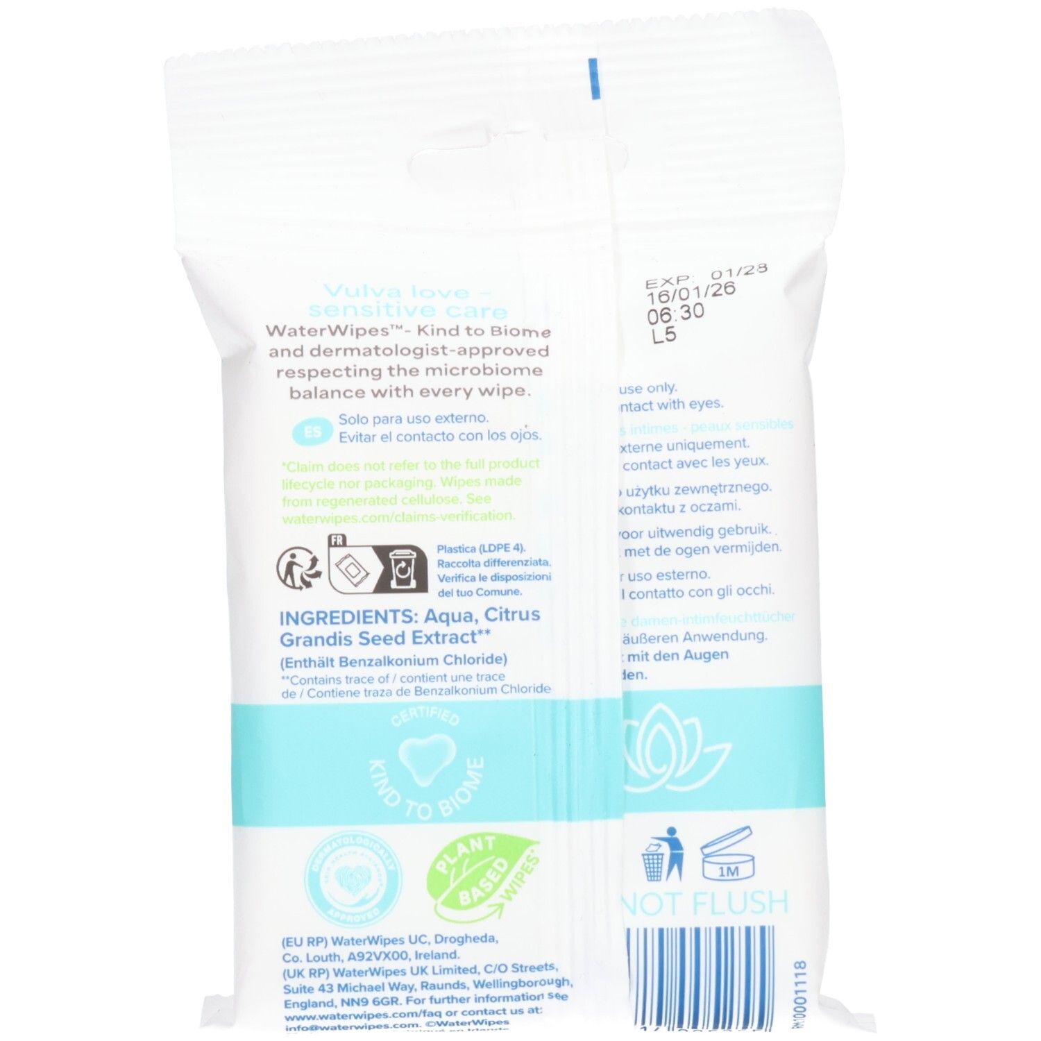 Achterkant van de verpakking. Bevat tekst over ingrediënten, instructies en logo's. Tekst: "Aqua, Citrus Grandis Seed Extract". Logo's: "Plant Based", "Not Flush".