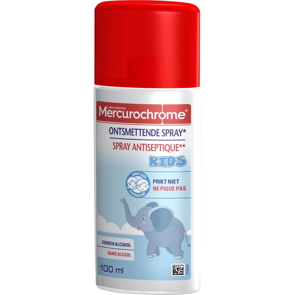 Antiseptische spray voor kinderen. Rode dop, witte sticker, blauwe tekst. Illustratie van een blauwe olifant. Inhoud 100 ml.