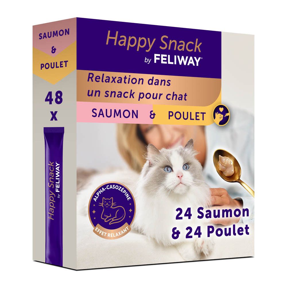 Boîte de 48 sticks, 24 saumon & 24 poulet. Contient de l'Alpha-Casozépine.