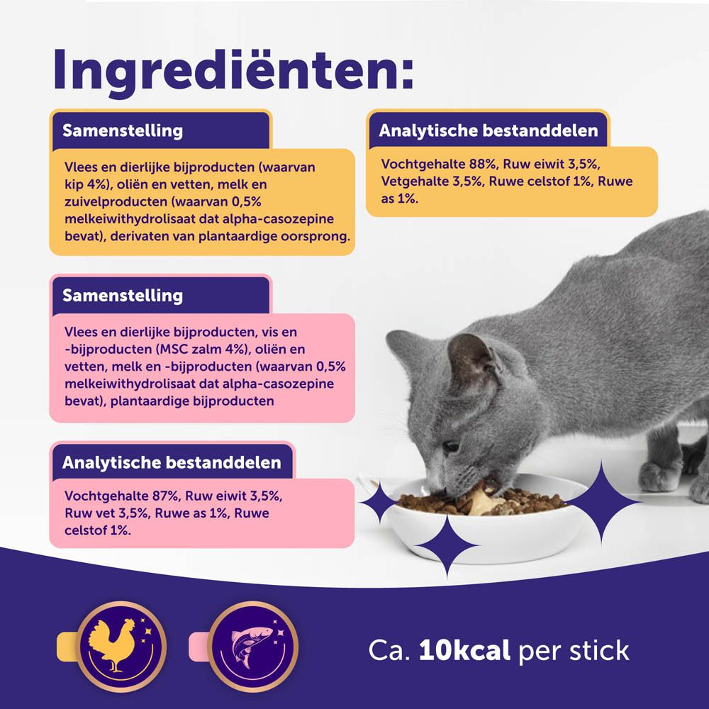 Doos met 48 sticks, 24 zalm & 24 kip. Bevat Alpha-Casozepine.