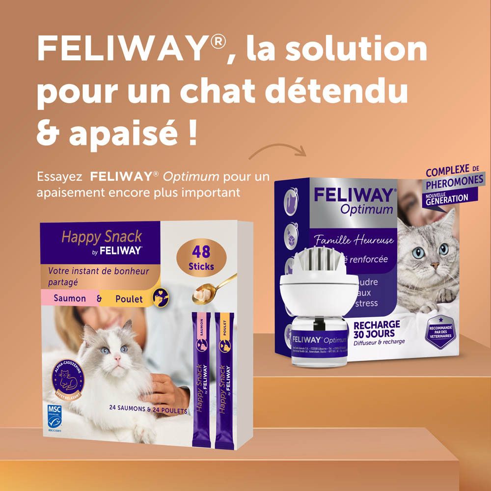 Boîte de 48 sticks, 24 saumon & 24 poulet. Contient de l'Alpha-Casozépine.