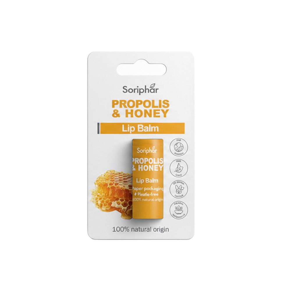 Baume à lèvres Soriphar Propolis & Miel, 100% d'origine naturelle, en emballage jaune.