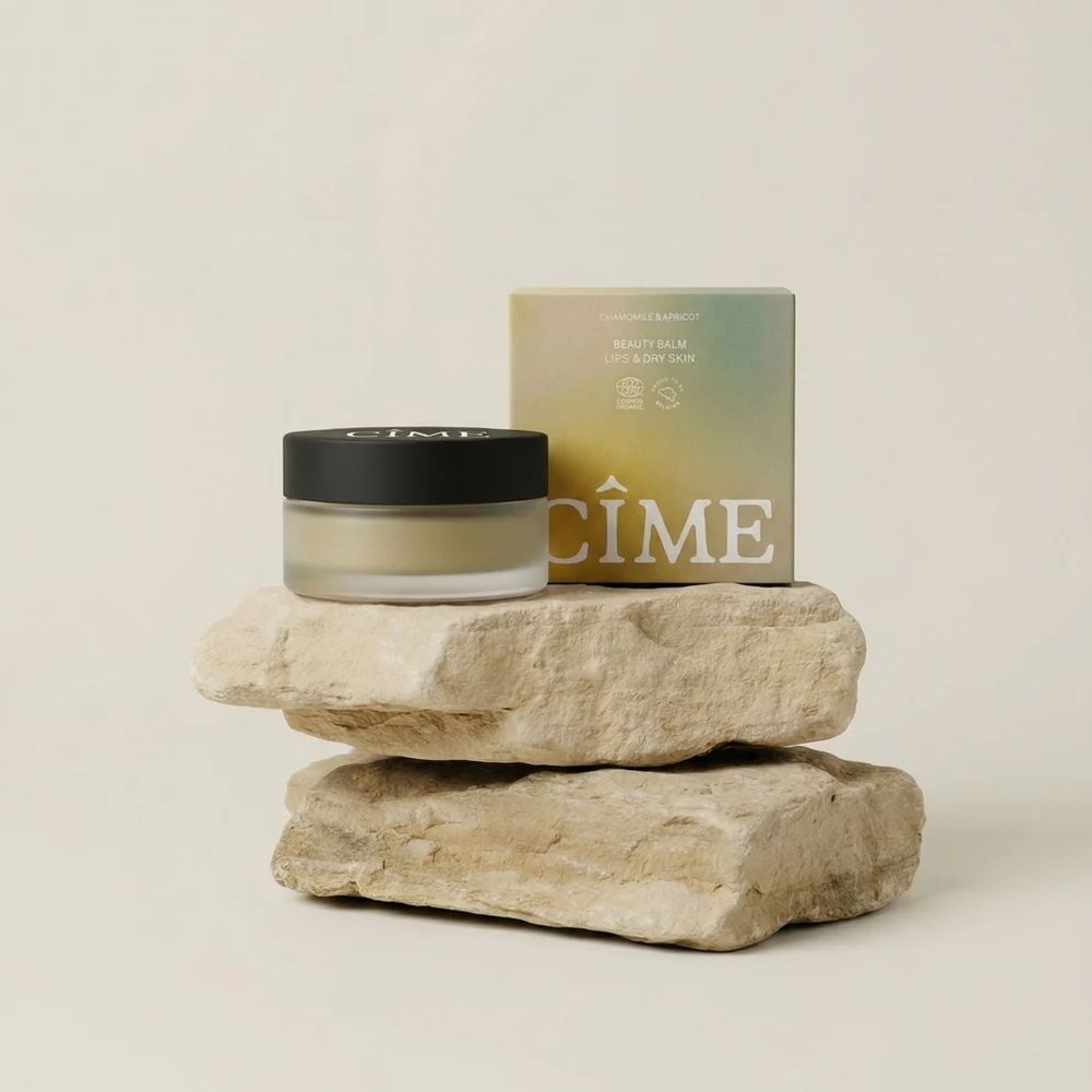 CÎME Beauty Balm Kamille & Abrikoos verpakking met zegels voor biologische certificering en herkomst.
