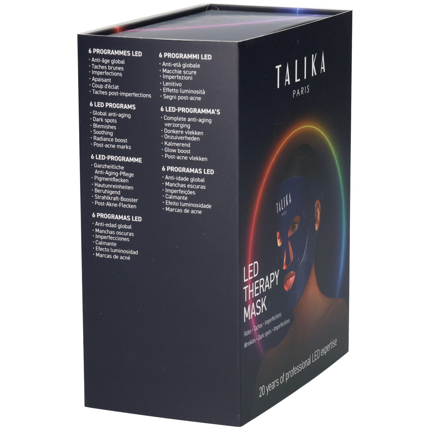 Côté de l'emballage du masque Talika LED Therapy listant 6 programmes LED pour différents besoins de la peau.