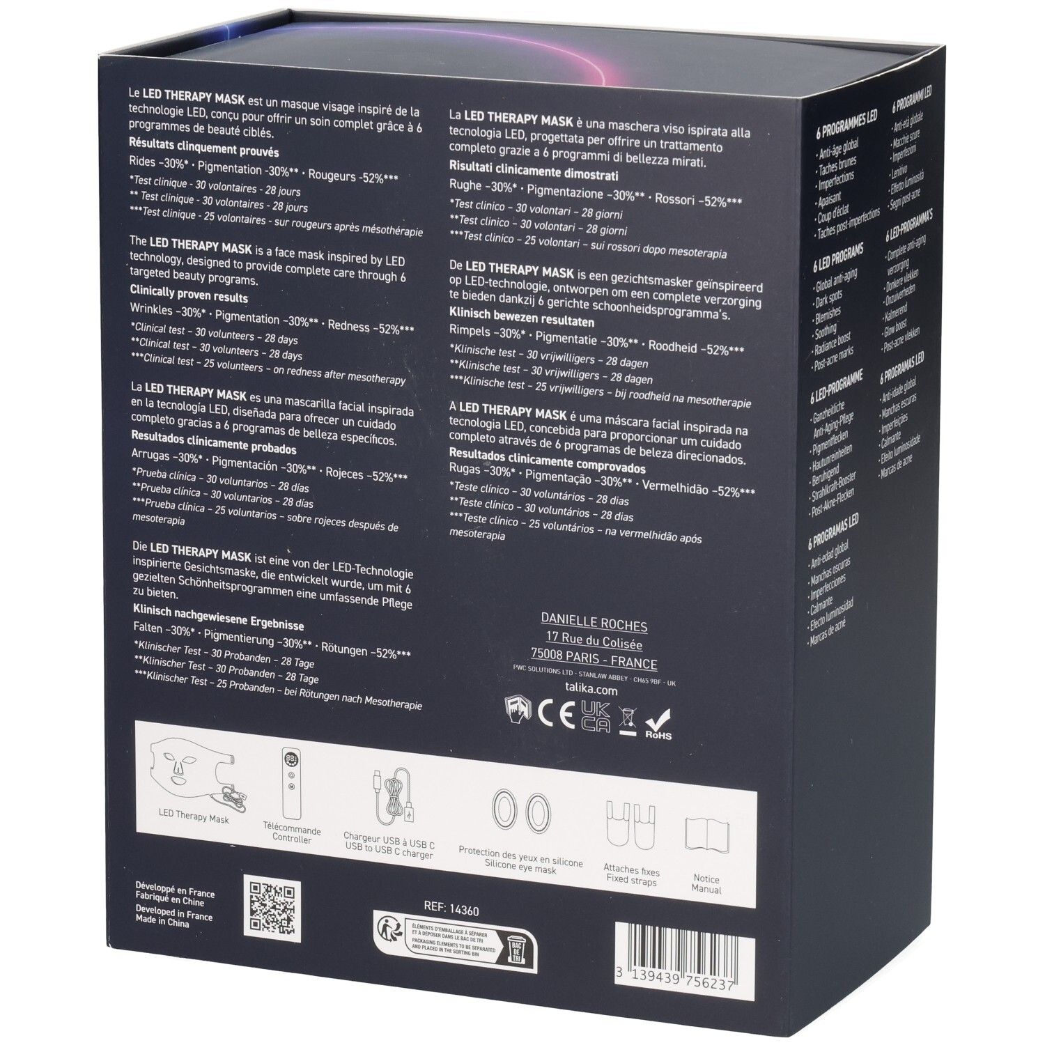 Arrière de l'emballage du masque Talika LED Therapy avec instructions d'utilisation et informations sur le produit.