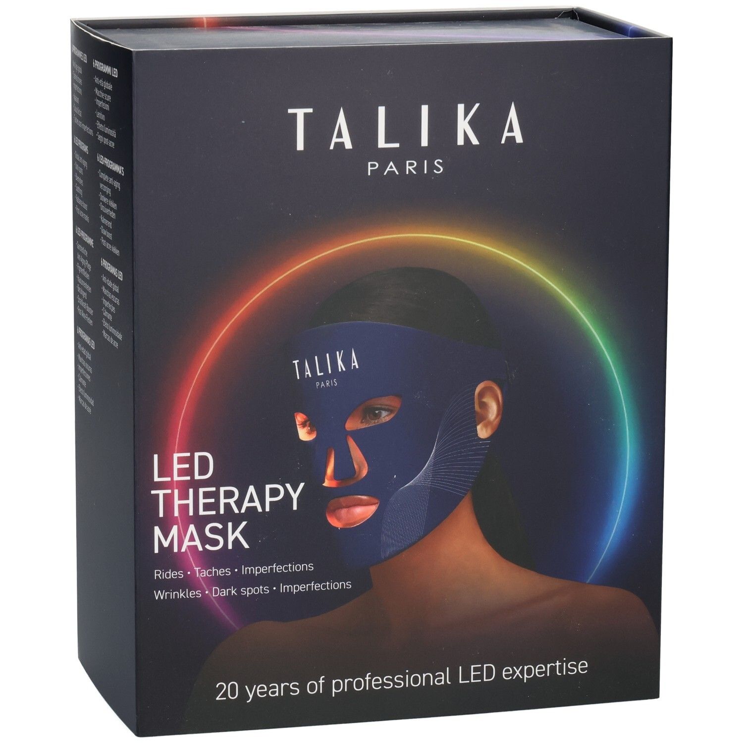 Emballage du masque Talika LED Therapy avec une femme portant le masque, entourée d'un cercle de lumière arc-en-ciel.