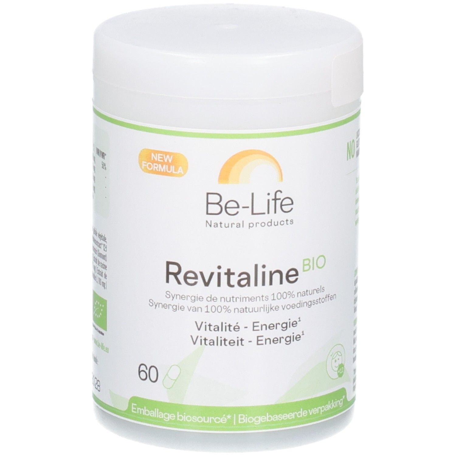 Be-Life Revitaline BIO pot met 60 capsules. Nieuwe formule, 100% natuurlijke nutriëntensynergie.