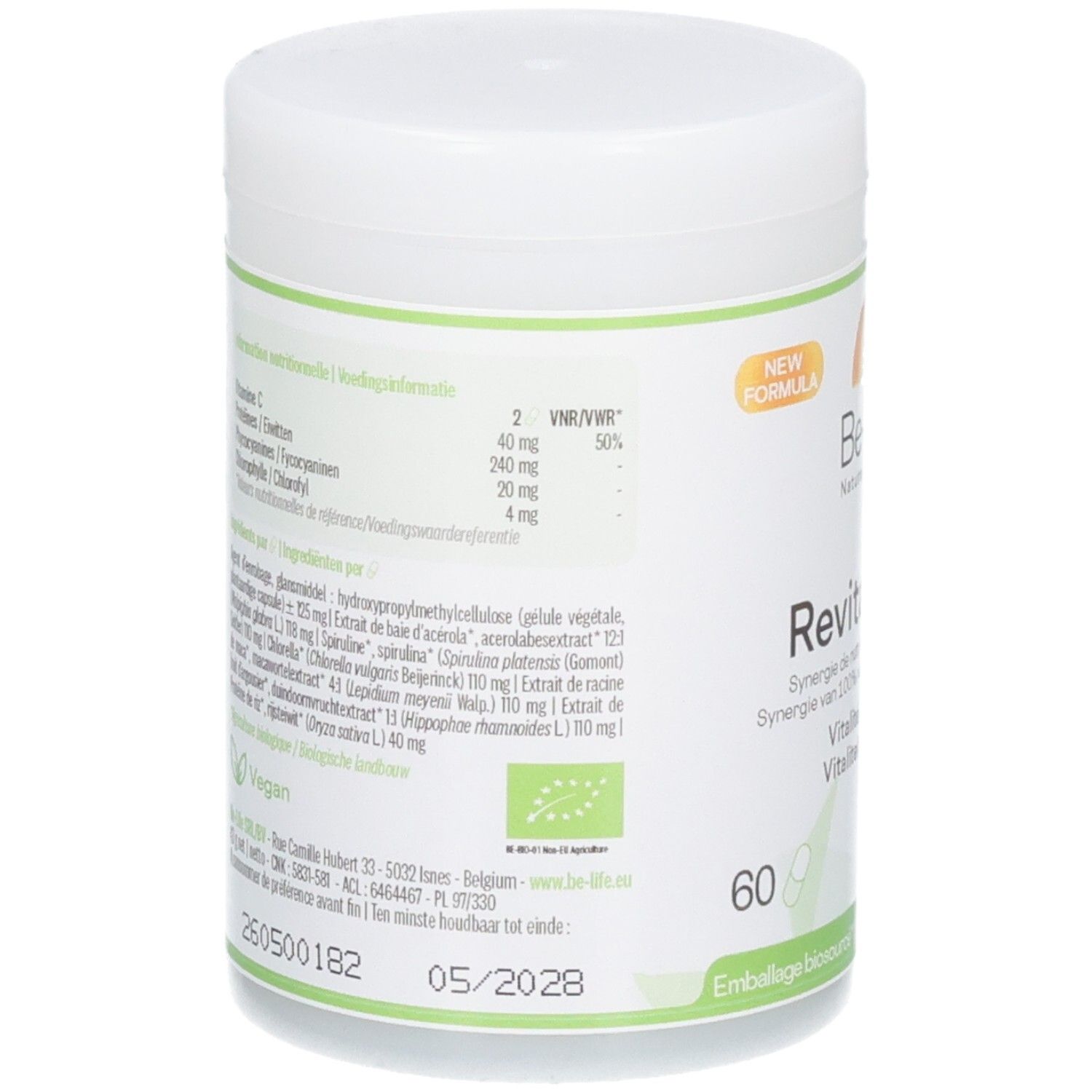 Achterkant van de Be-Life Revitaline BIO pot met voedingswaarden en ingrediënten. Bio-keurmerk.
