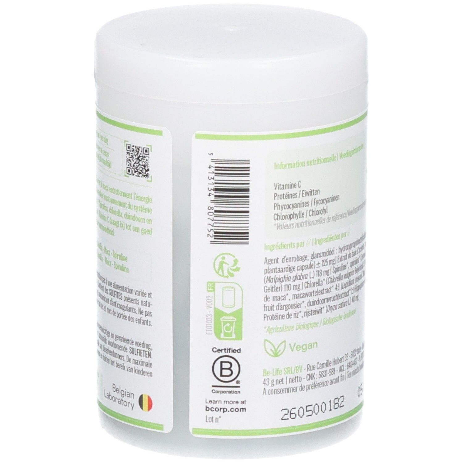 Zijkant van de Be-Life Revitaline BIO pot met certificeringen (B Corp, Vegan) en QR-code.