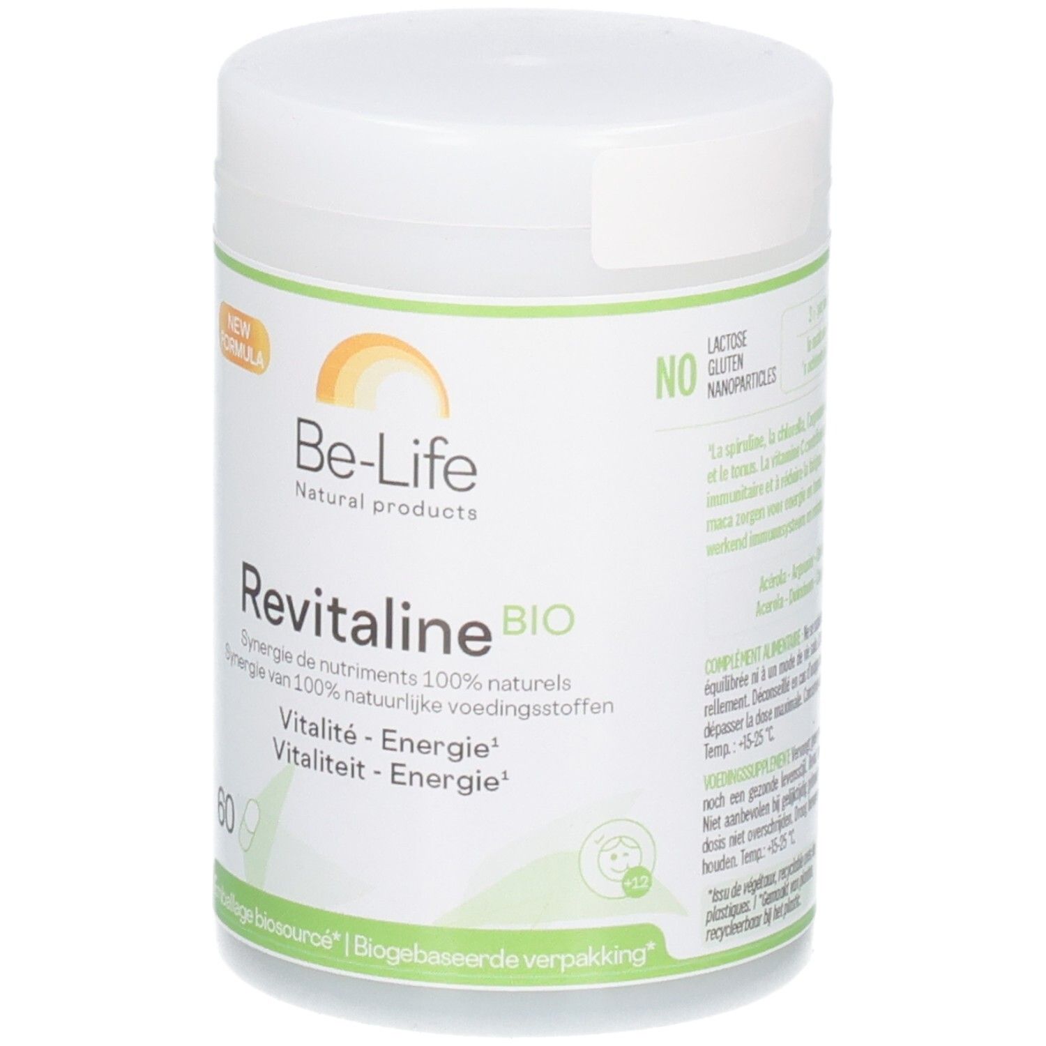 Be-Life Revitaline BIO pot met 60 capsules. Nieuwe formule, 100% natuurlijke nutriëntensynergie. Lactosevrij.