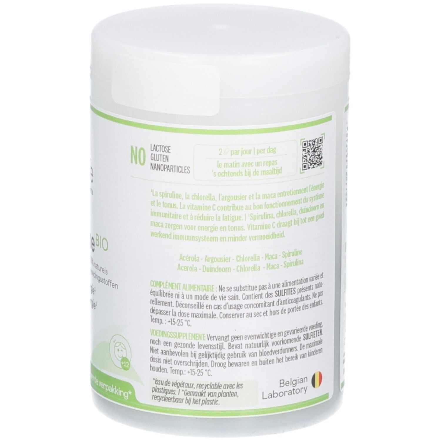 Achterkant van de Be-Life Revitaline BIO pot met gebruiksaanwijzing en ingrediënten. Vegan.