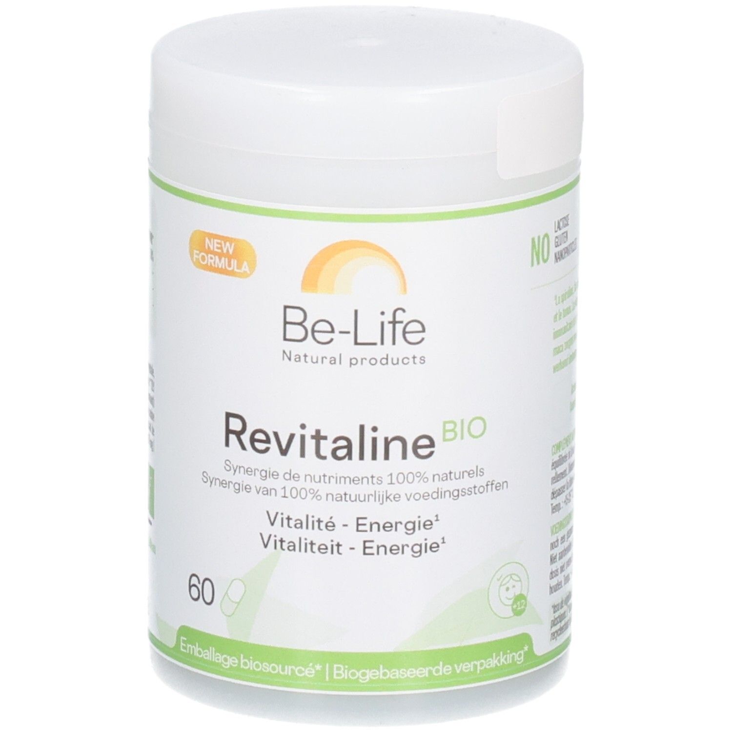 Be-Life Revitaline BIO pot met 60 capsules. Nieuwe formule, 100% natuurlijke nutriëntensynergie. Biologisch afbreekbare verpakking.