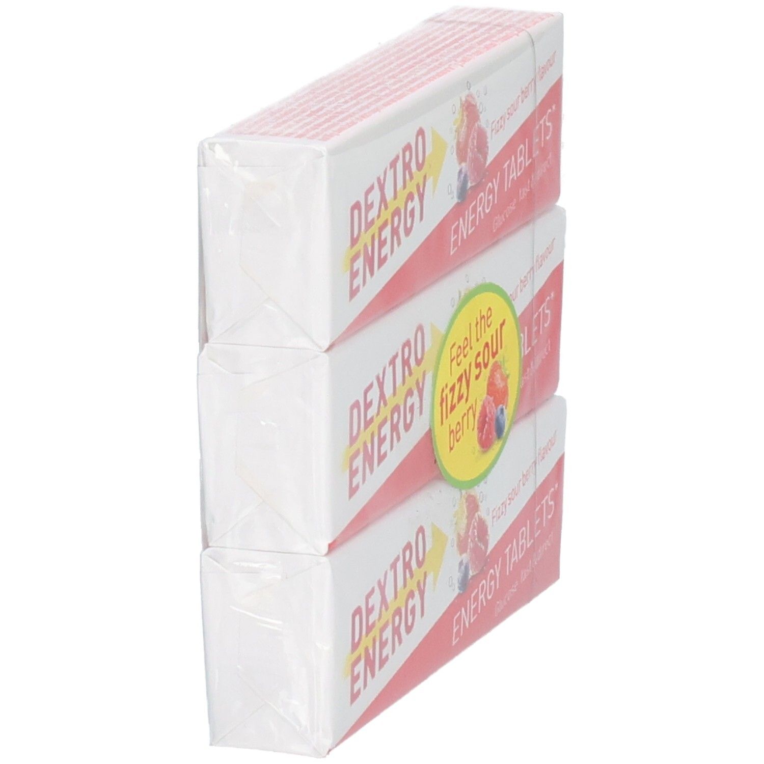 Pack de 3 Dextro Energy Energy Tablets saveur Sour Berry, vue latérale.
