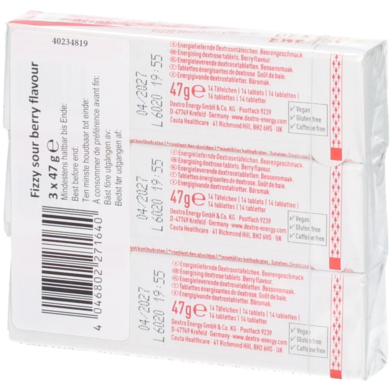 Arrière du pack de 3 Dextro Energy Energy Tablets saveur Sour Berry.