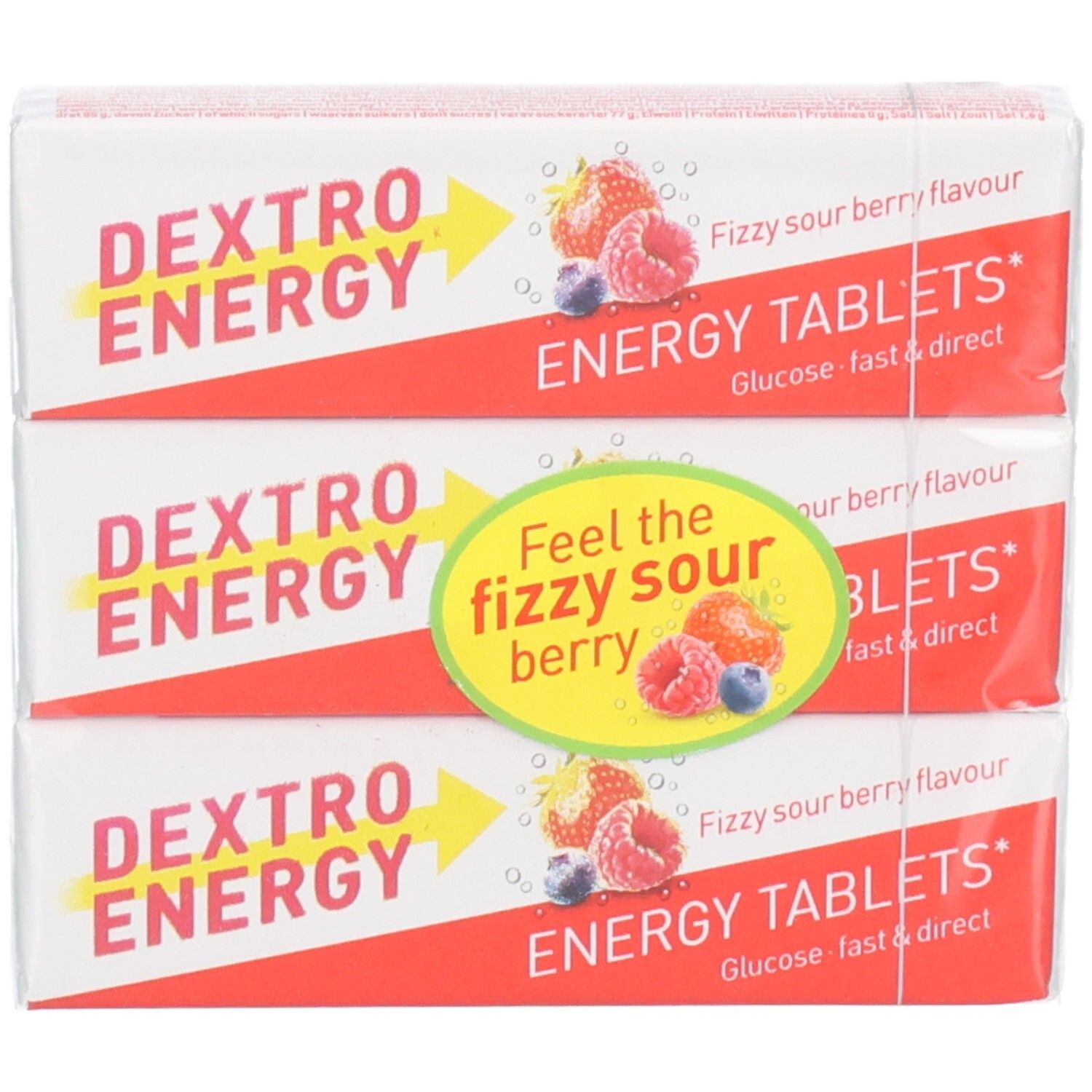 Pack de 3 Dextro Energy Energy Tablets saveur Sour Berry avec image de baies.