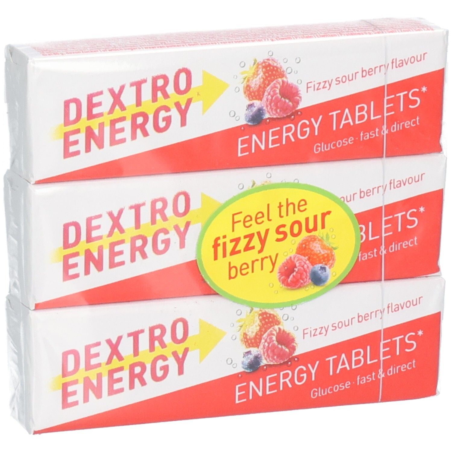 Pack de 3 Dextro Energy Energy Tablets saveur Sour Berry, légèrement incliné.