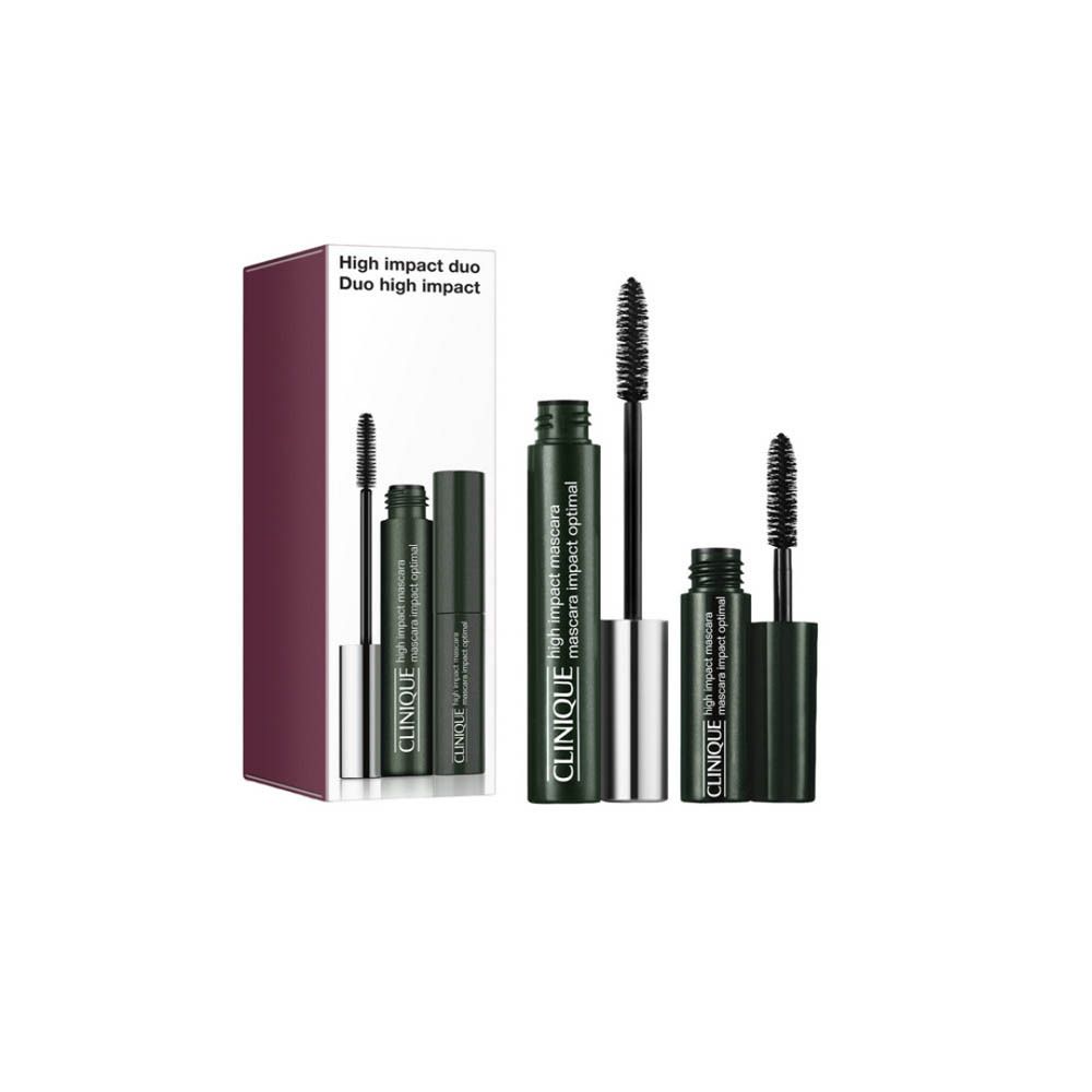 Emballage Clinique High Impact Duo Mascara avec avant ouvert, montrant deux tubes et applicateurs.