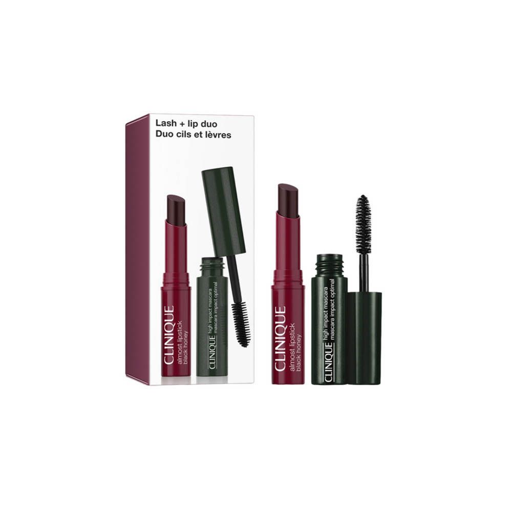 Clinique Lash + Lip Duo : Rouge à lèvres rouge et mascara noir dans son emballage.