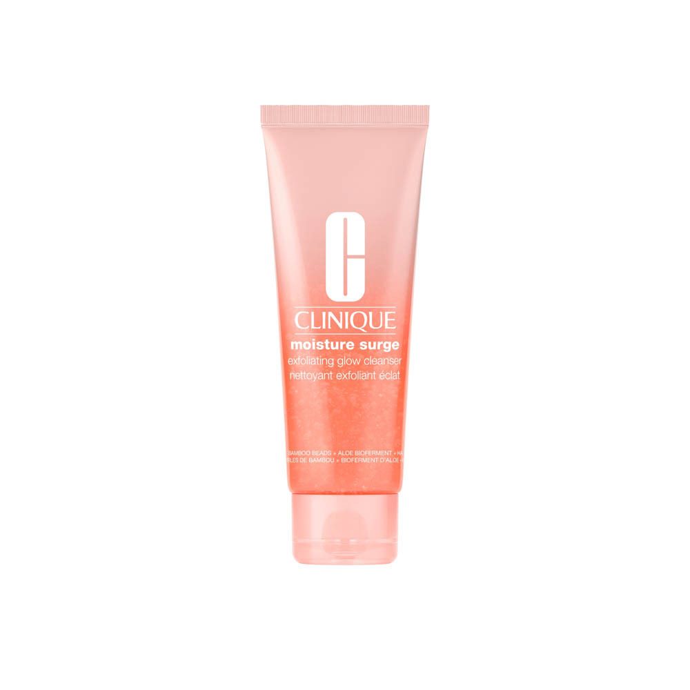 Clinique Moisture Surge Exfoliating Glow Cleanser dans un tube rose.