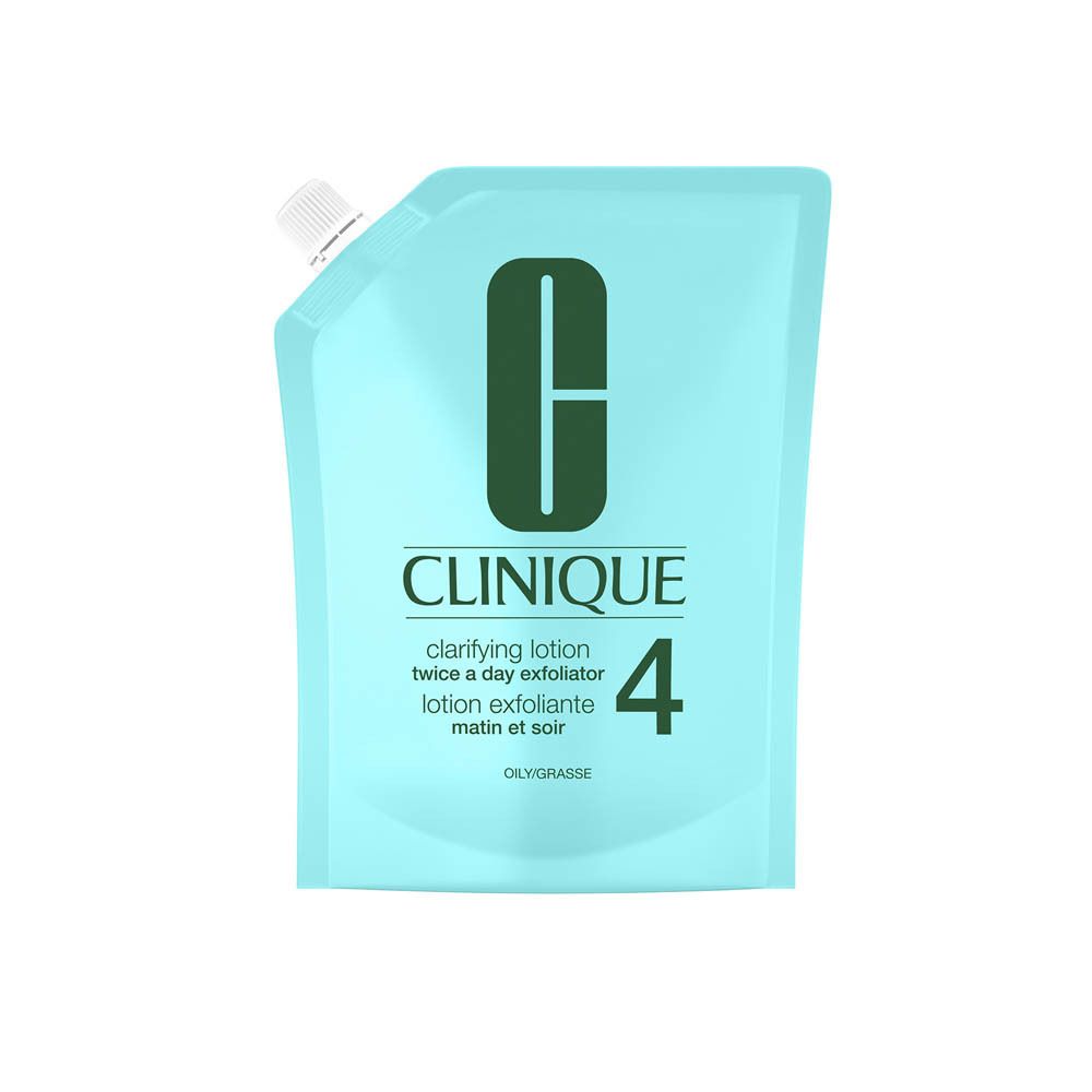 Clinique Clarifying Lotion 4 navulverpakking in lichtblauw met donker logo en productinformatie.