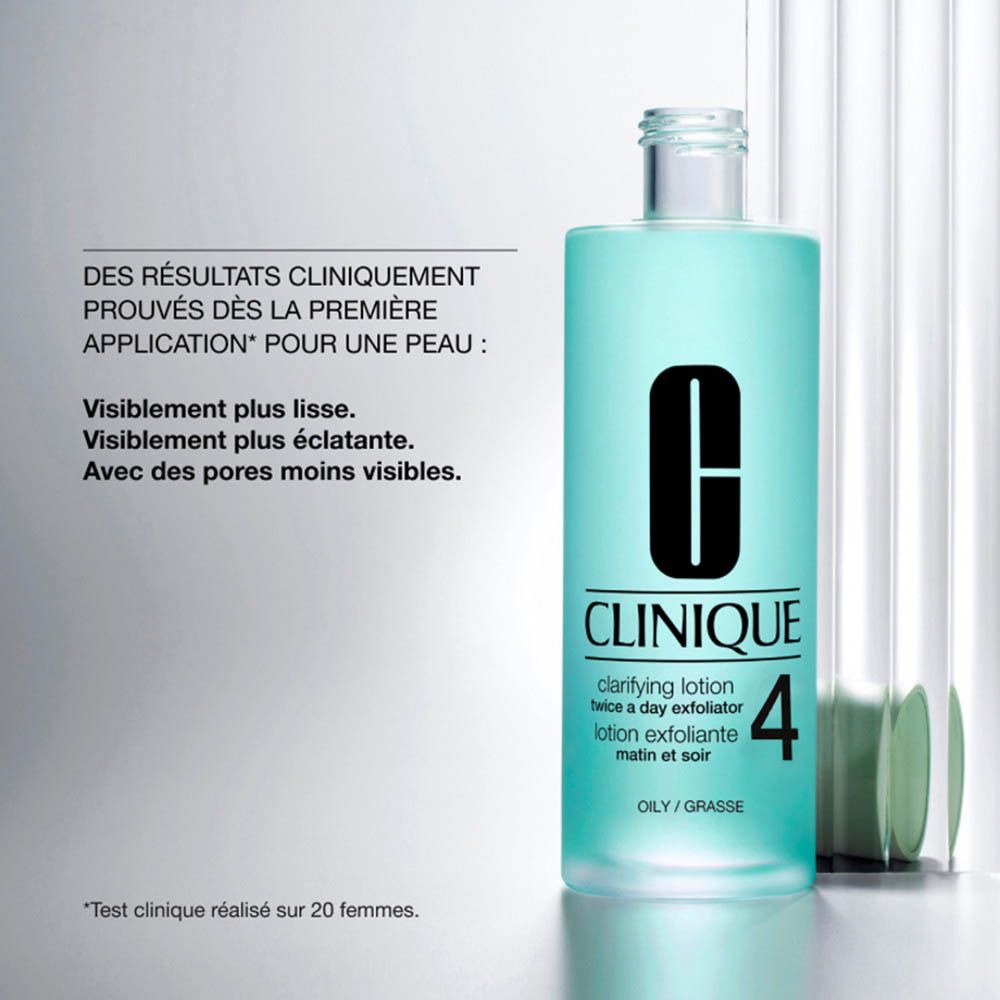 Clinique Clarifying Lotion 4 in een turquoise fles met pompdosering.