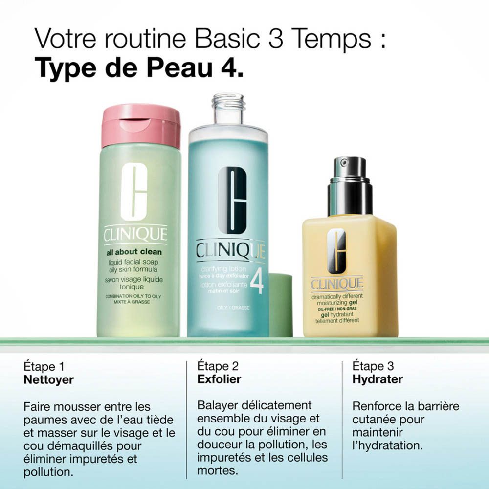 Routine Clinique 3 temps : Savon visage, lotion clarifiante, gel hydratant.