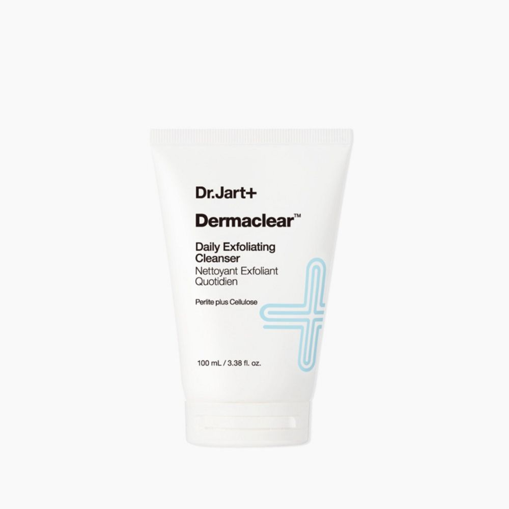 Verpakking van Dr. Jart+ Dermaclear Daily Exfoliating Cleanser, vooraanzicht met Franse tekst.