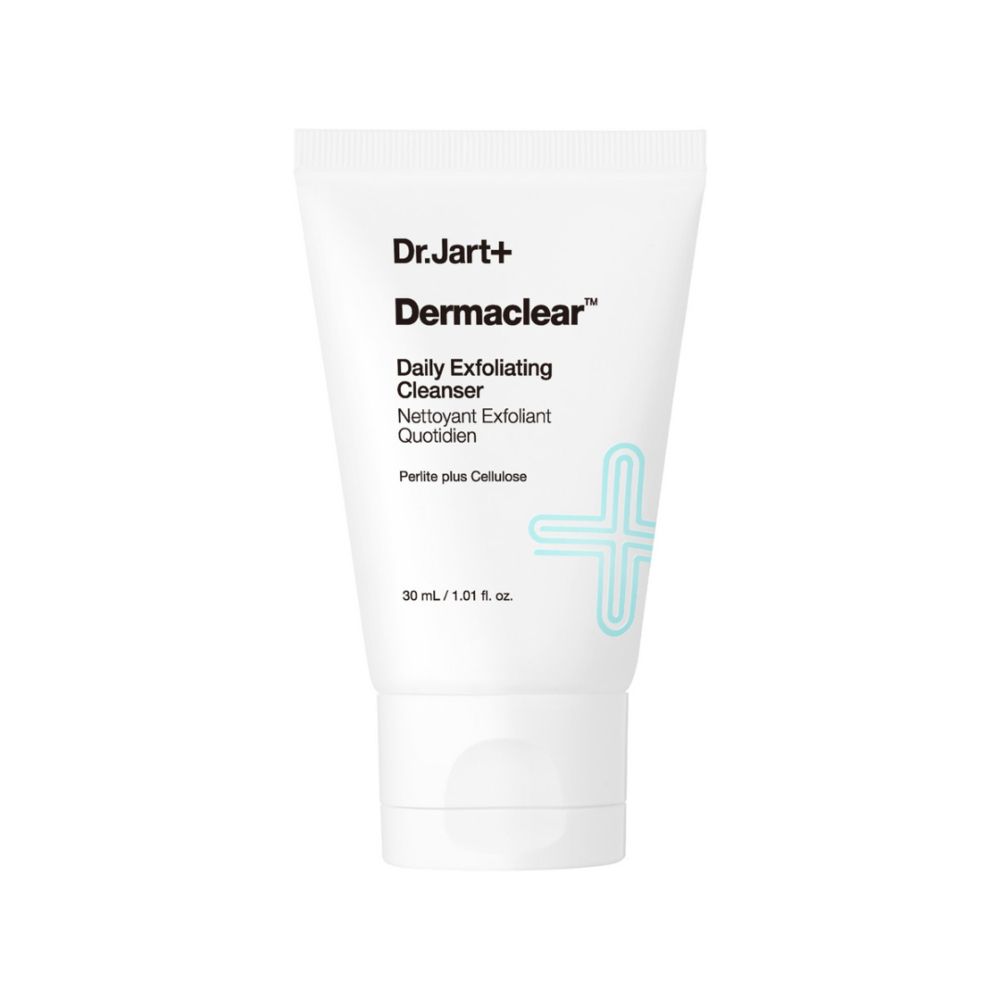 Emballage Dr. Jart+ Dermaclear Daily Exfoliating Cleanser, face avant avec nom produit et slogan.