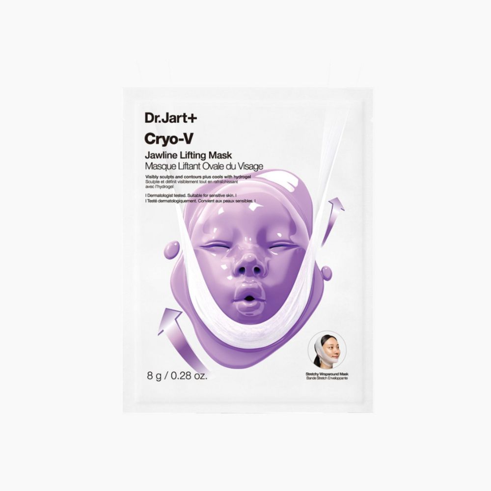 Dr. Jart+ Cryo-V Kaaklijn Lifting Mask verpakking met paarse gezichtsuitbeelding en pijlen.