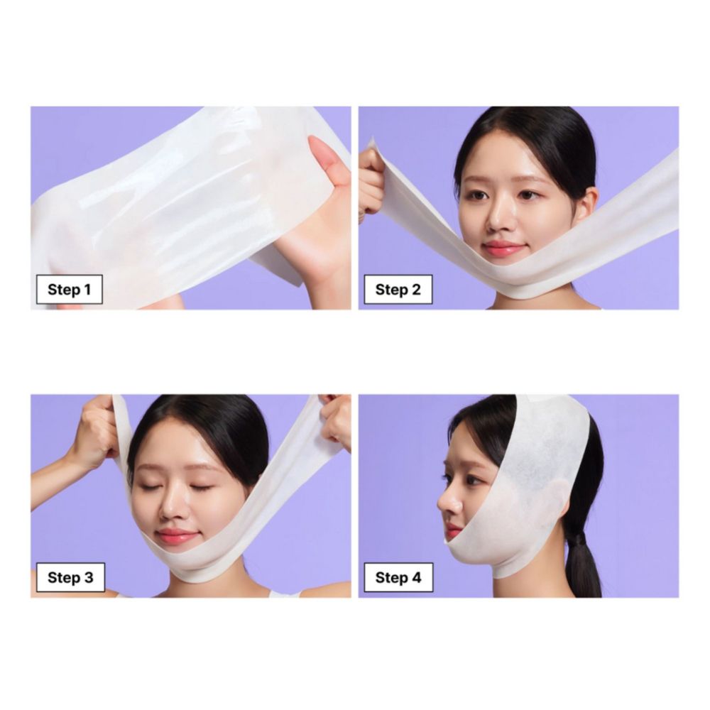 Vier stappen voor het aanbrengen van het Dr. Jart+ Cryo-V Kaaklijn Lifting Mask door een vrouw.