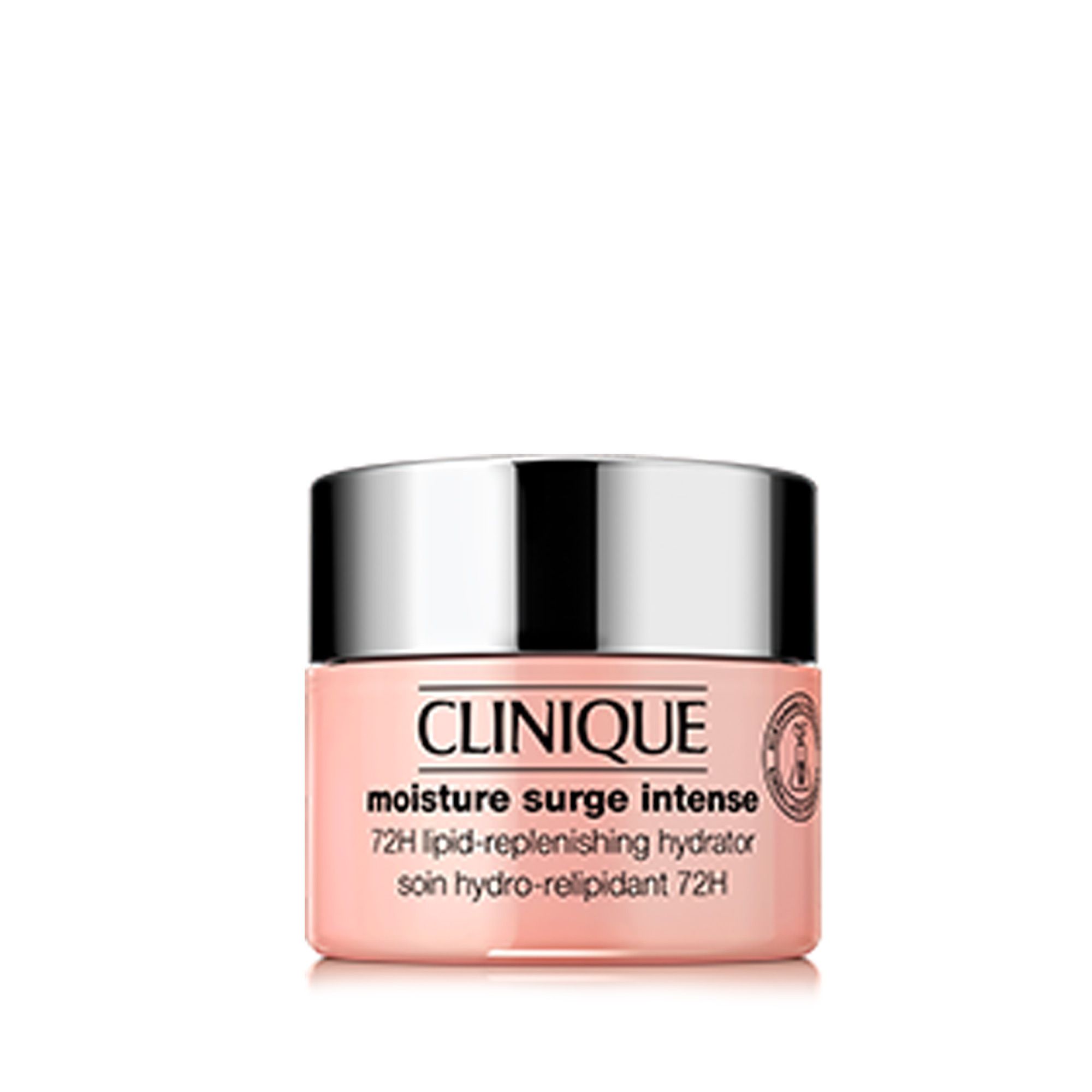 Crème-gel pot met zilveren deksel. Roze pot met tekst. Clinique Moisture Surge Intense 72H.